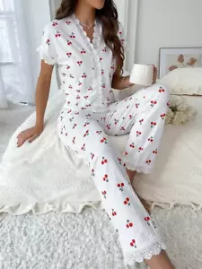 Lace Trim Women Pajama Set Short Sleeve Front Button Top & Full-Length Pants Che - Picture 1 of 8