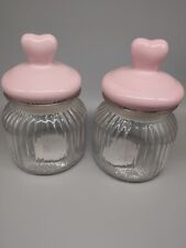 Two Blush Pink Heart Glass Candy Or Bathroom Canister w/ lid Container 7"