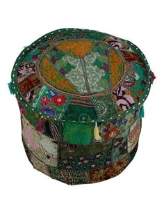 Embroidered ottoman puff Indian Green Vintage cotton patch work footstool cover - Picture 1 of 5