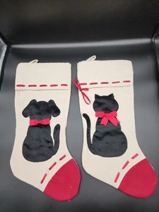Black Silhouette Dog Puppy & Cat Kitten Holiday Christmas Stockings Red Bows - Picture 1 of 3