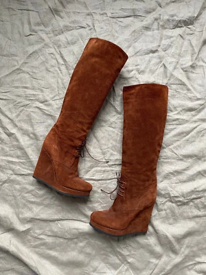 Jil Sander Cuñas Gamuza Marrón Hasta la Rodilla Con Cordones Botines EU 37 US 6.5 Foto 1 de 4