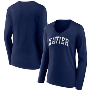 Women's Navy Xavier Musketeers Basic Arch Long Sleeve V-Neck T-Shirt - Picture 1 of 3