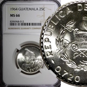 GUATEMALA Silver 1964 25 Centavos NGC MS66 GEM BU LAST YEAR KM# 263 (12) - Picture 1 of 5
