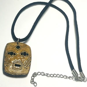 Tribal Tiki Mask Pendant Charm Necklace Wood Carved Two Sided 15" Adjustable VTG - Picture 1 of 13