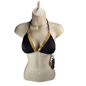NWT Pieces Black and Gold Lined Side Tie Swimsuit Bikini Top Size M - Picture 1 of 2