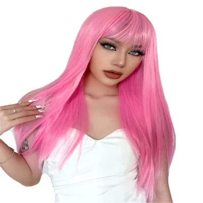 Long Hot Pink Wig with Bangs Halloween Costume Cosplay Wig Straight Hair NEW - Image 1 of 4