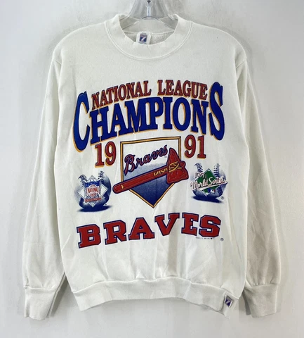 VTG USA 1991 Logo 7 White MLB Atlanta Braves Champs Crewneck Sweatshirt Mens M Cover