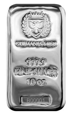10 Oz  Silberbarren Germania Mint Feinsilber 999,9/1000 Gegossen - Bild 1 von 4