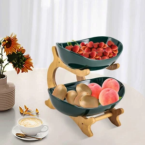 2 Tier Green Ceramic Fruit Basket Fruit Bowl For Kitchen Counter Fruit Stand - Picture 1 of 15