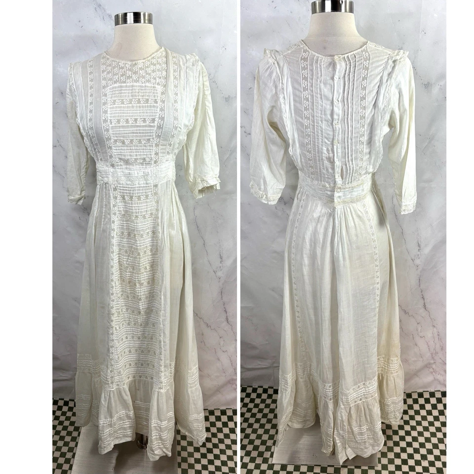 Antiguo Vestido Eduardiano Tea Lawn Vintage S Blanco Algodón Encaje Vestido Maxi Victoriano Foto 1 de 4