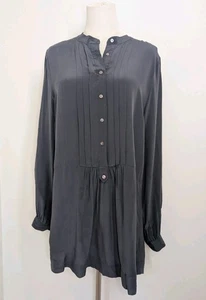 Women's Joe Fresh 100% Silk Charcoal Grey Collarless Long-line Tunic Button Down - Bild 1 von 10