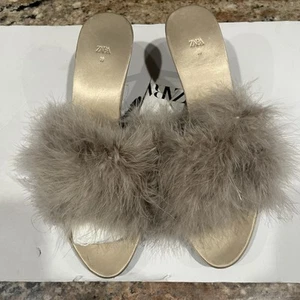 Zara Women Feathered Heeled Mules Taupe Sz 36/5. NEW. Blogger’s favorite! - Picture 1 of 17