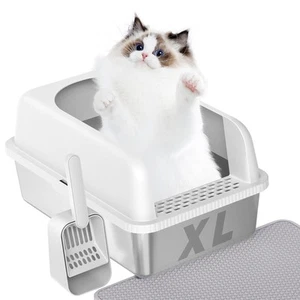 Extra Large Stainless Steel Cat Litter Box with Lid High Wall Sides Enclosure... - Picture 1 of 8