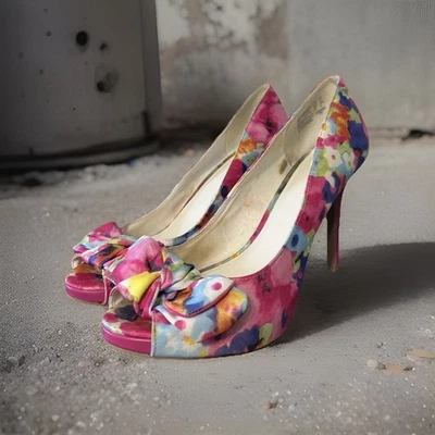 Floral High Heel Satin Bow Open Toe Pink blue purple 9.5 Fairy Boho Holiday Read - Image 1 of 4