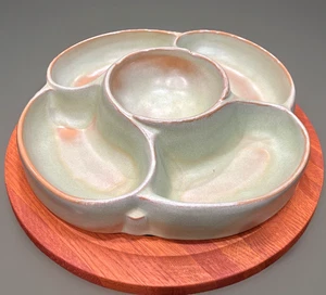 Vintage Frankoma Pottery Prairie Green Lazy Susan w/ WoodTurnstile #818 EUC - Picture 1 of 20