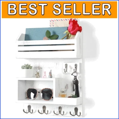 Rustic Wall Mounted Key Holder & Mail Organizer with 6 Hooks - Vintage White - Image 1 of 4