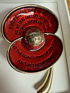 Red Floral Brooch Boxed Buckley Design poem written through it 1914 1918 lge - Picture 1 of 8