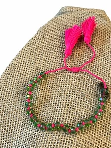 Zacasha drawstring bracelet Hot Pink Green Glass Beads NWOT - Picture 1 of 4