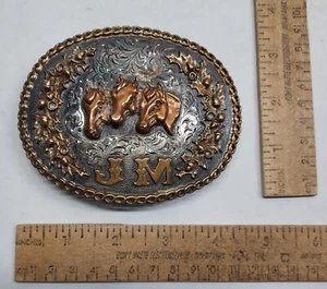 J M - three horse head - CARLOS SILVER - WESTERN belt BUCKLE - STERLING - Picture 1 of 13
