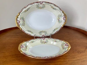 Vtg Meito China Serving Bowls ~Set of 2 ~Dark Red Rim, Gold Trim & Florals - Picture 1 of 9