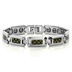 Tungsten Bracelet w/ Checkerboard Design (Black & Yellow Carbon Fiber ) & Magnet