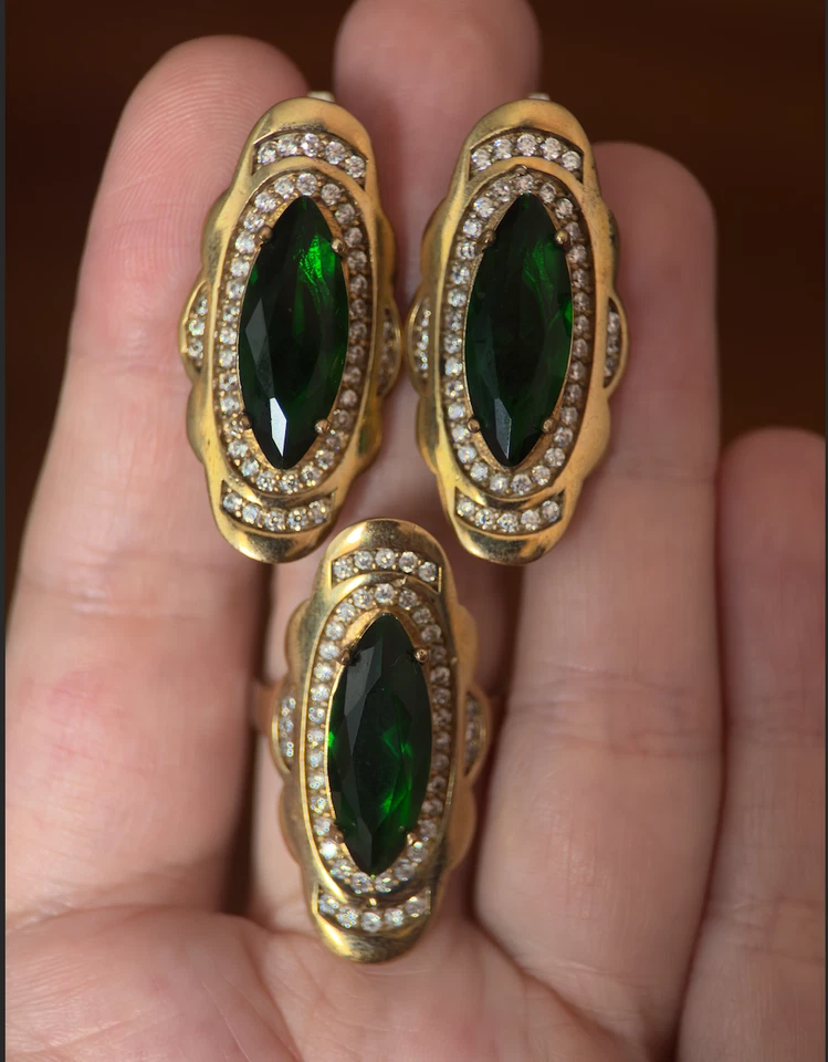 925 Пробы Османский стиль комплект кольцо размер 9 серьги имитации изумруд CZ - Изображение 1 из 4
