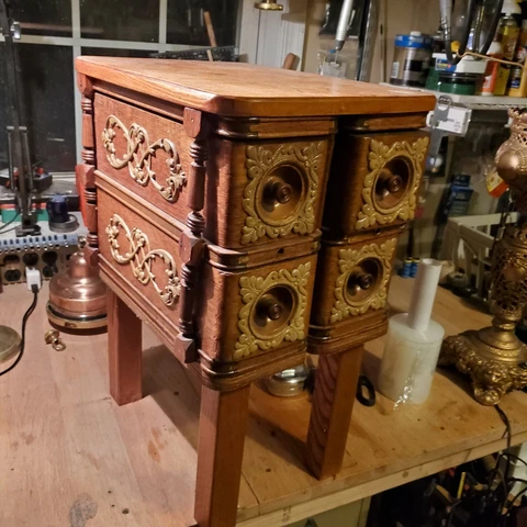 Stunning and unique Antique 4 Drawer Sewing Stand Box Ornate 11x15x21H Cover