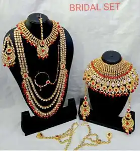 Indian Wedding Jewelry Gold Kundan Bridal Fashion Ethnic 9 Pcs New Combo Set - Picture 1 of 4