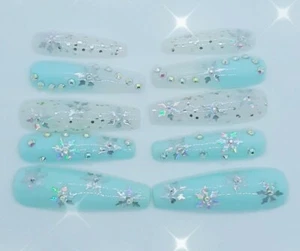XXL Blue And White Snowflakes Glitter Holiday Winter Nails- Clearance - Picture 1 of 4