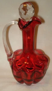 Vintage Fenton Cranberry Thumbprint Applied Crystal Glass Handled Cruet Stopper - Picture 1 of 5