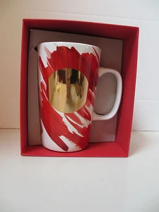 Taza de cerámica Starbucks blanca roja acuarela punto dorado 16 oz - NUEVA en caja - Imagen 1 de 4