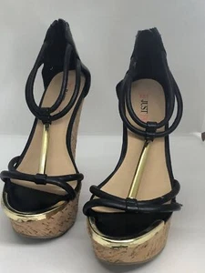 Justfab Stacie Womens Black Tubular Straps Cork Wrap Glamorous Wedge Heel US 7.5 - Picture 1 of 6