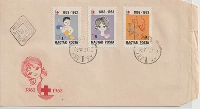 HUNGRÍA: 1963 CRUZ ROJA SCOTT # 1532, 1535, 1538 PRIMER DÍA PORTADA EN CARTA AÉREA Foto 1 de 2