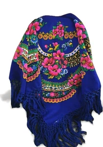 Sciarpa slava blu floreale morbida quadrata Babushka scialle collo testa grande frangia - Foto 1 di 4