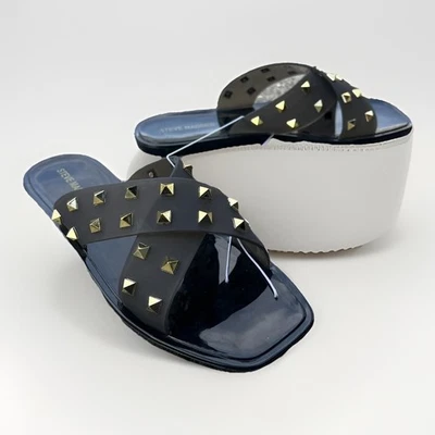 Sandalias planas Steve Madden Tace sin cordones talla 8 negras doradas tachonadas gelatina vegana nuevas sin caja Foto 1 de 4