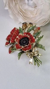 Vintage Signed Exquisite Brooch Birthday Series August Poppies Handpainted VGC - Picture 1 of 9