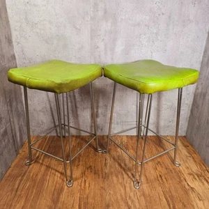 Pair Machinists Industrial Stools Green Leather Chrome Hairpin Legs Vintage MCM - Picture 1 of 24