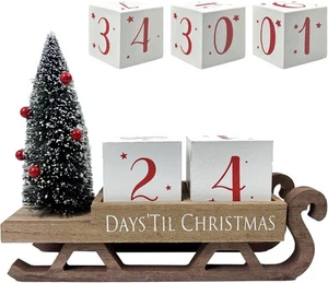 Christmas Countdown Blocks Santa Sleigh Advent Calendar Wooden Farmhouse Rustic - Picture 1 of 7