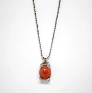 Halskette Collier Aus 18K Weißgold Mit Koralle Cabochon Und Diamanten - Bild 1 von 3