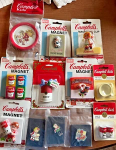 Campbells Soup KIds Magnets Coasters Mini Cans Mini Bowl & Spoon Lapel Pins Lot - Picture 1 of 5