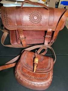 Vintage Hand Tooled Brown Leather Bag Purse Set - Boho Western Sun Solar Design - Picture 1 of 14