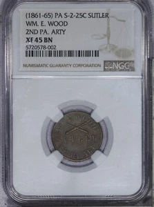 1861-1865 PA S-2-25c Sutler WM. E. Wood 2nd PA Artillery NGC XF45 EF45 BN LB - Picture 1 of 2
