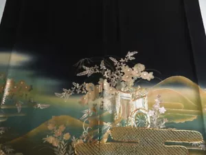 3K02z140 Japanischer Kimono Seide Künstler Arbeit STOFF Schwarz Royal Cart 38,6" - Bild 1 von 6
