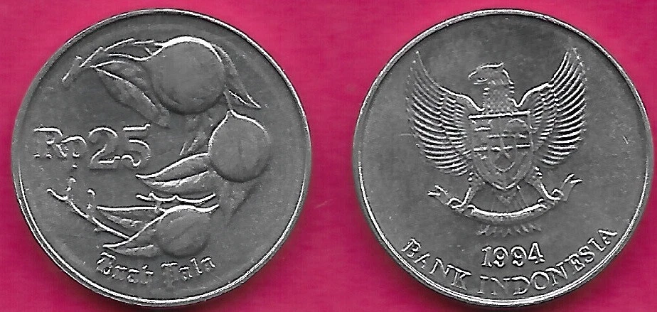 INDONESIA 25 RUPIAH 1994 UNC NUTMEG PLANT(MYRISTICA FRAGRANS)WITH DENOMINATI - Image 1 of 1