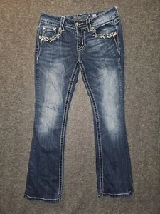 Miss Me Signature Boot Jeans Women's 28 Low Rise Blue Rhinestones Distressed - Picture 1 of 12