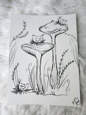 Maria Scalf Chicken Charcoal Cottagecore Mushroom Illustration Signed Art  9x12 