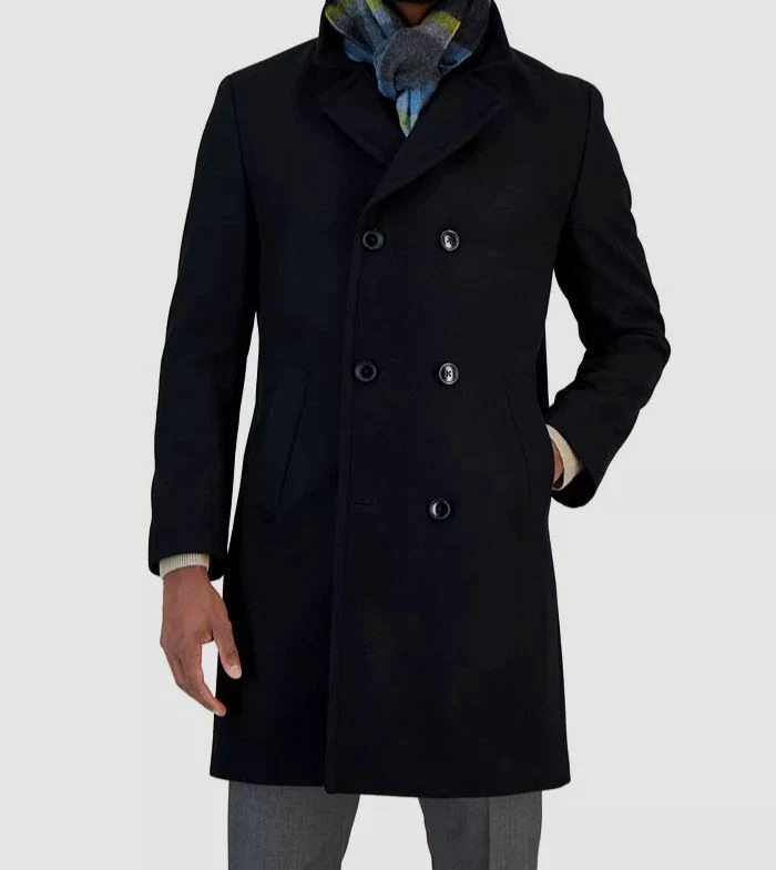 Nautica Mens Black Classic Fit Double Breasted Wool Overcoat Jacket Size 42S