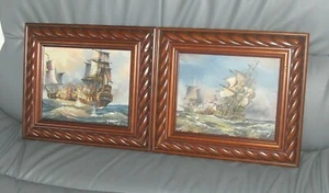 VINTAGE PAIR OF SIGNED J HARVEY GALLEON SHIPS AT BATTLE OIL ON CANVAS PAINTINGS - Picture 1 of 8