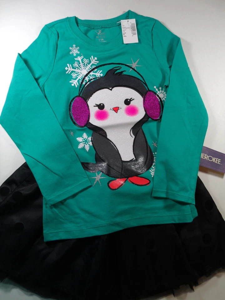 TCP Penquin Top Cherokee Negro Satinado Lunares Falda 4/5 5/6 Nuevo con Etiquetas Conjunto Lote G2 Foto 1 de 4