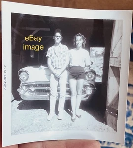 Summer 1962 Photo: 1957 Chevrolet with Boy & Girl Leaning on Hood Snapshot Photo - Picture 1 of 3
